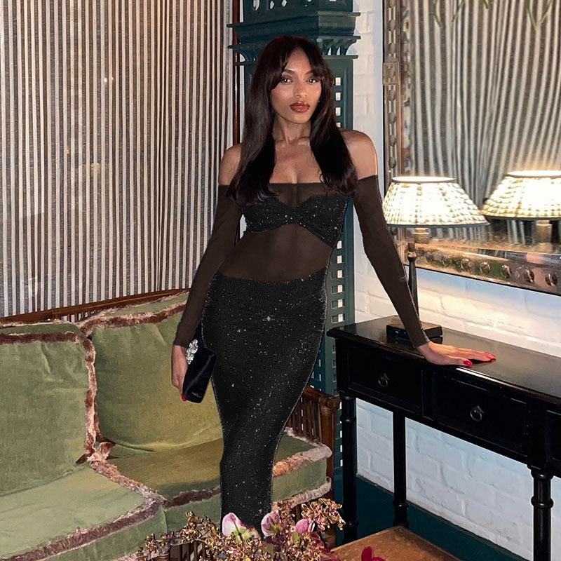 New Sexy Shiny Off-shoulder Slim-fit See-through Mesh Dress