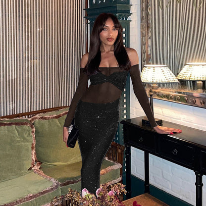 New Sexy Shiny Off-shoulder Slim-fit See-through Mesh Dress