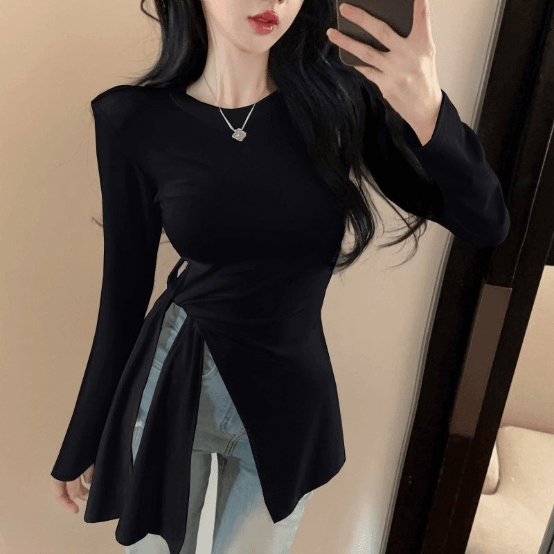 Irregular Slit Waist-tight Strap Long-sleeved T-shirt Women