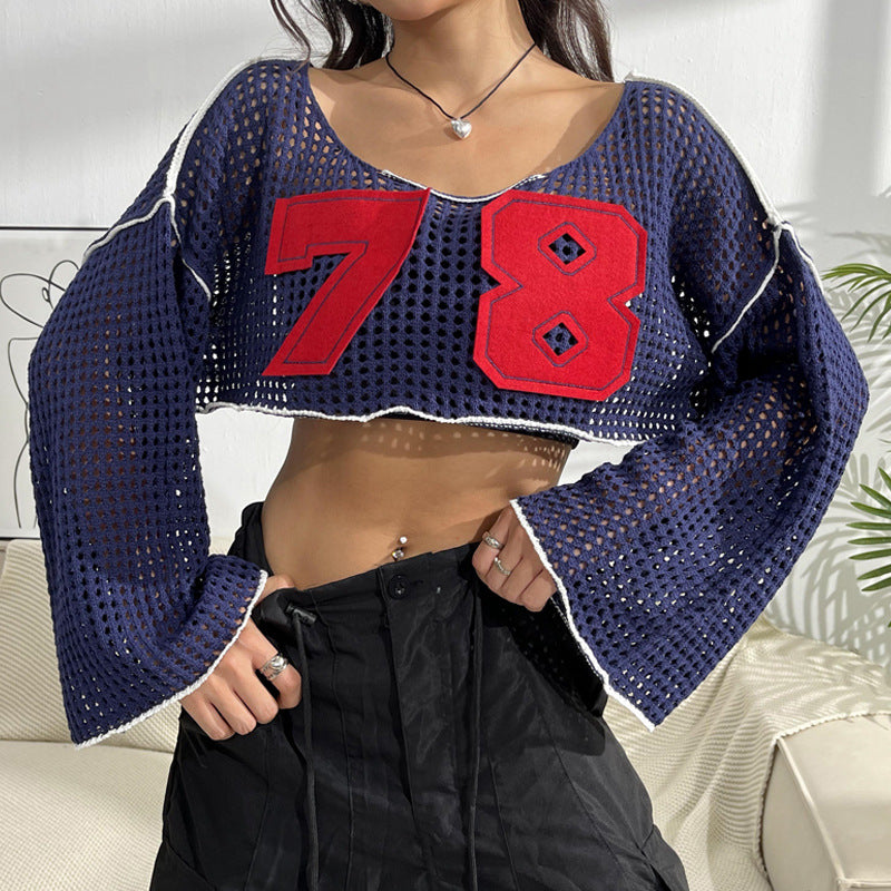 Women's Flared Sleeve Cropped Sexy Short Casual Hollow Sweater