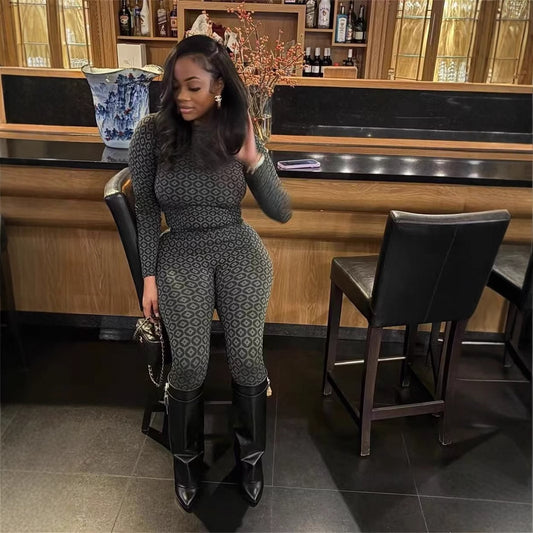 European And American Fashion Slim Elastic Printed Long-sleeved Round Neck Jumpsuit