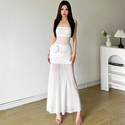 Three-dimensional Rose Mesh Stitching Tube Top Dress