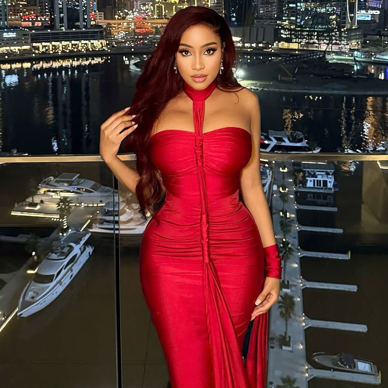 Backless Lace-up Tube Top Hip Skirt Off-neck Pleated Dress