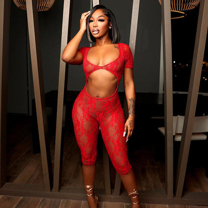 Women's Sexy Lace Stitching U-neck Short-sleeved Cropped Hollow Siamese Shorts