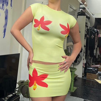 European And American Flower Print Design Round Neck Short Sleeve Skirt Two-piece Set