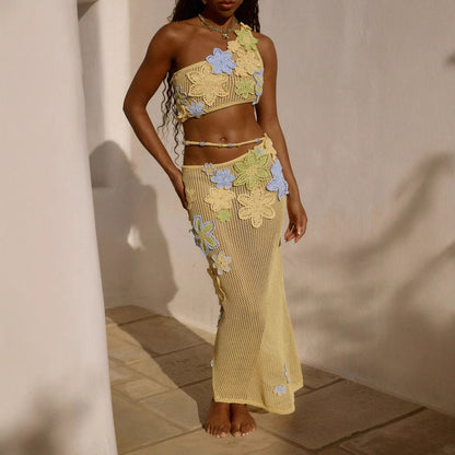 Three-dimensional Flower Lace-up Beads Off-shoulder Design Decoration See-through Suit