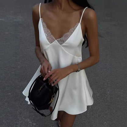 High Class Elegant V-neck Backless Solid Color Sling Dress