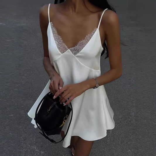 High Class Elegant V-neck Backless Solid Color Sling Dress