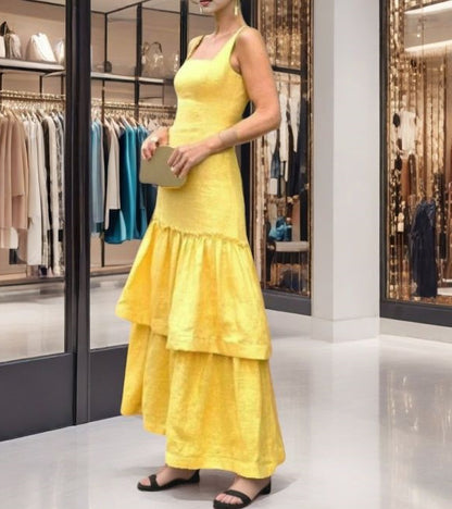 Square Collar Ruffled Spaghetti Straps Dress Elegant Sleeveless