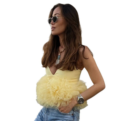 Mesh V-neck Patchwork Suspenders For Women