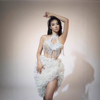 Top Skirt Shiny White Suit Tassel Backless Party Dress