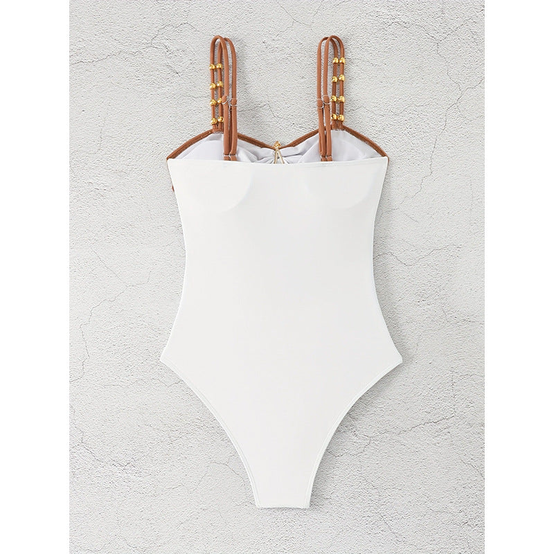 Fashion Stitching Metal Buckle One-piece Swimsuit