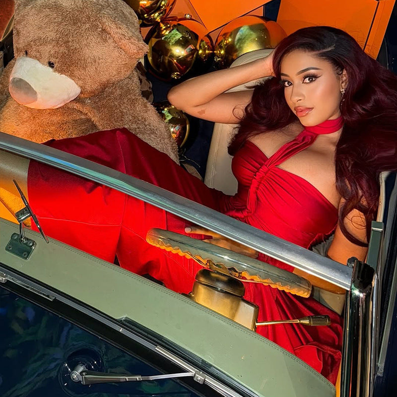 Backless Lace-up Tube Top Hip Skirt Off-neck Pleated Dress