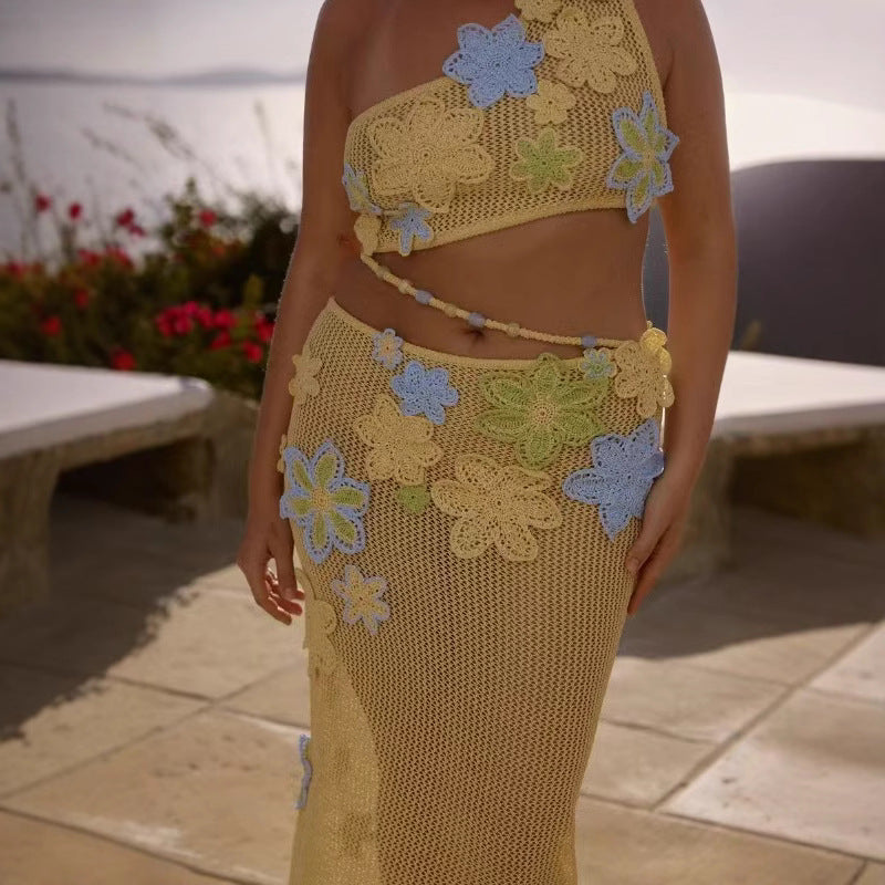 Three-dimensional Flower Lace-up Beads Off-shoulder Design Decoration See-through Suit