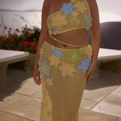 Three-dimensional Flower Lace-up Beads Off-shoulder Design Decoration See-through Suit