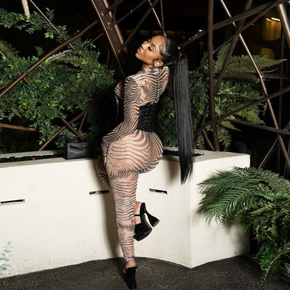 European And American Sexy Fashion Zebra Prints Mesh Finger Fit Design Long Sleeve High Waist One-piece Trousers