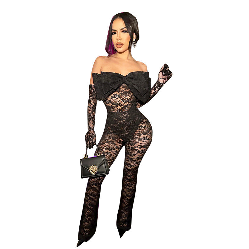 Sexy Bow Tube Top Hollow Out See-through Jumpsuit
