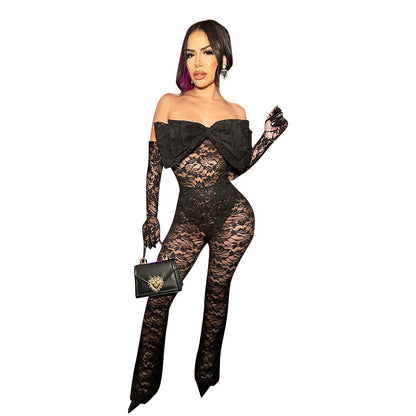 Sexy Bow Tube Top Hollow Out See-through Jumpsuit