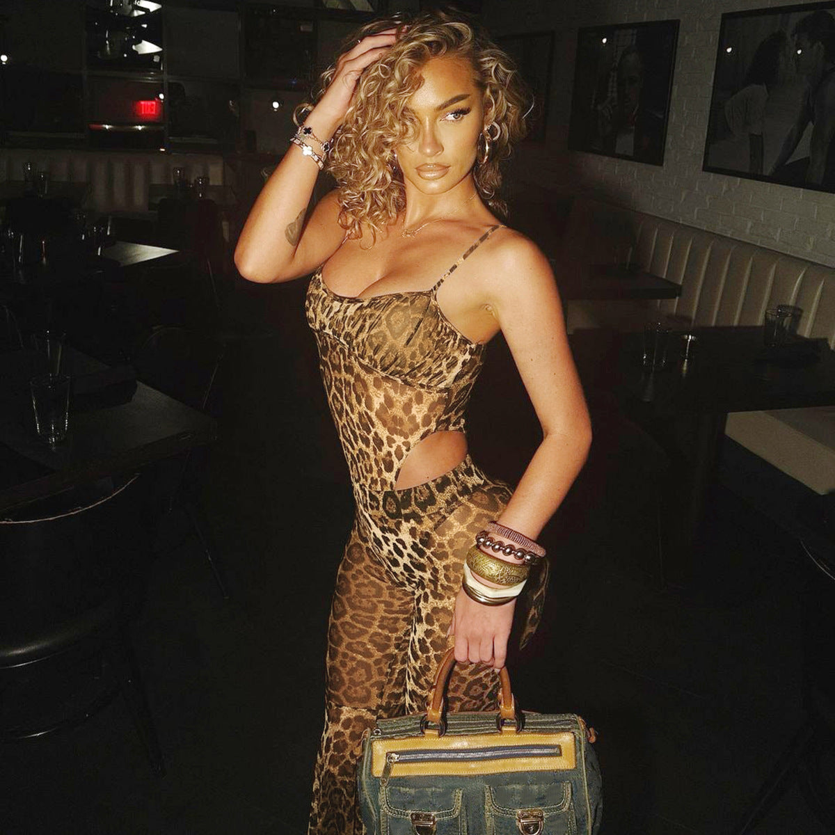 European And American Sexy Hot Girl Sleeveless Jumpsuit See-through Leopard Print Bell-bottom Pants Suit