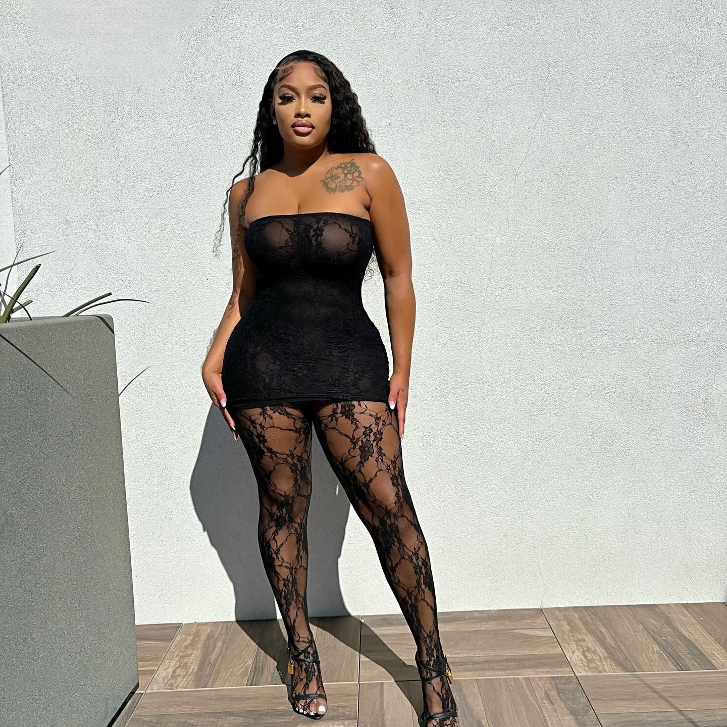 Sexy Cutout Lace See-through Chest-wrapped Dress Trousers Two-piece Set