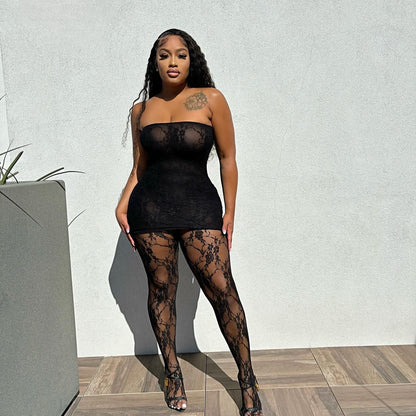 Sexy Cutout Lace See-through Chest-wrapped Dress Trousers Two-piece Set