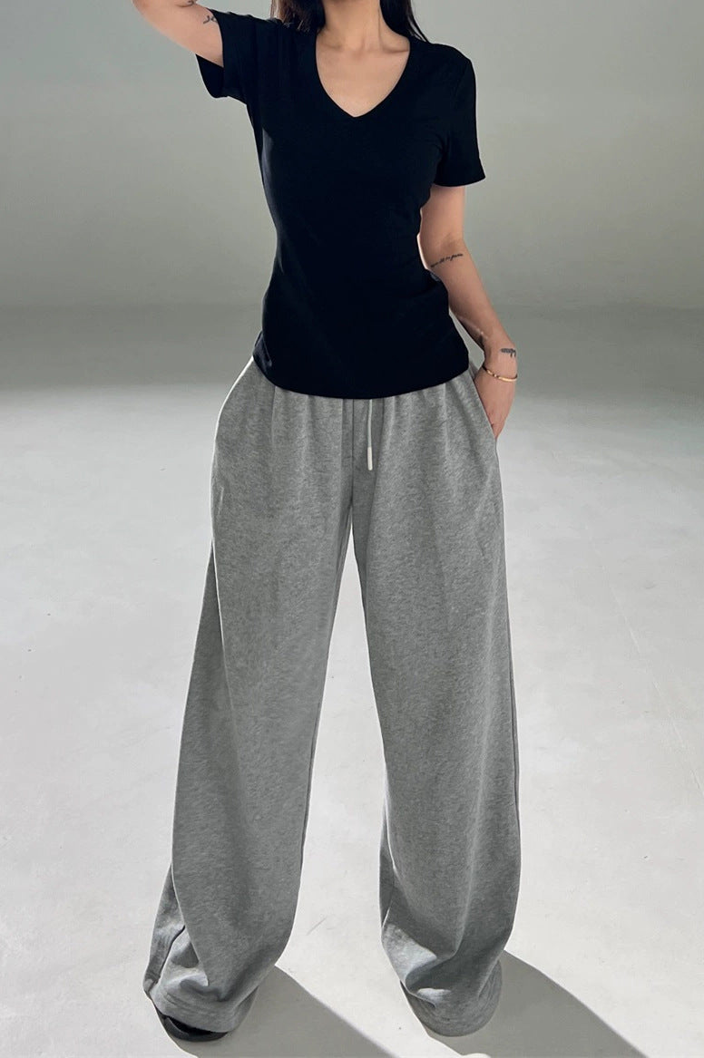 V-neck Shoulder Short Sleeve Waist-controlled Slimming Solid Color Top