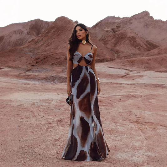 Tie-dye Sexy Front Empty Spaghetti Straps Sleeveless Elegant Vacation Dress