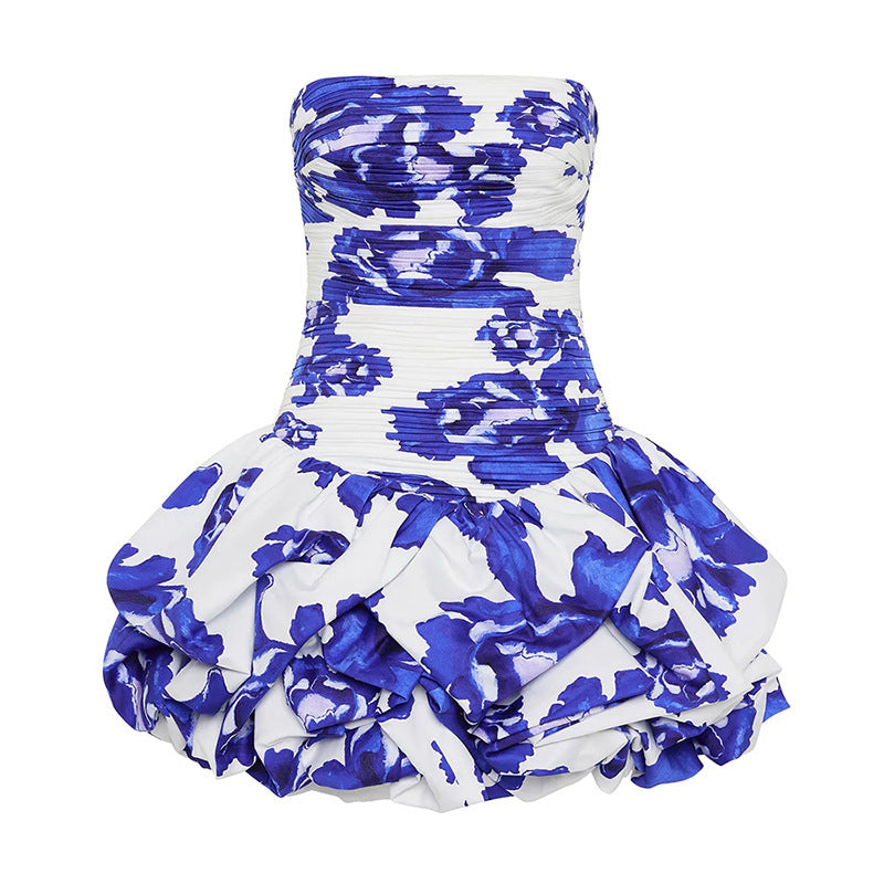 Off-the-shoulder Tube Top Floral Pleated Sexy Dress