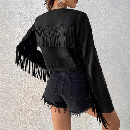 Women's Fashion Solid Color Tassel Rivet Design Front Open Short Jacket