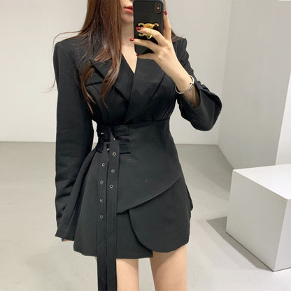 New Adjustable Double Belt Coat Female Slimming False Two-piece Skirt Suit