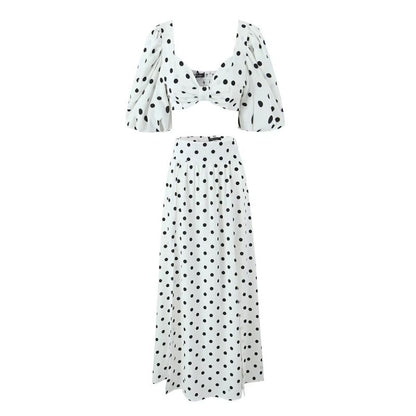 Seaside Vacation Sexy Polka Dot Split Top Mid-length Dress Set