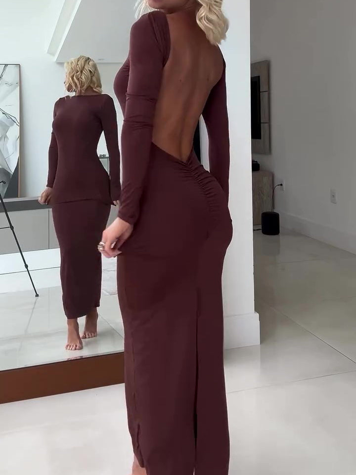 Brown Backless Long Sleeve Maxi Dress
