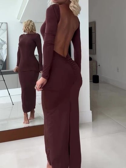 Brown Backless Long Sleeve Maxi Dress