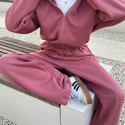 Women's Casual Solid Color Long-sleeved Zipper Sweater Wide-leg Pants Sports Suit