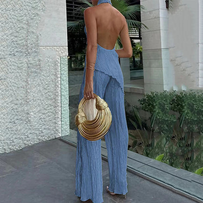 Women's Halter Elastic Waist Polyester Fiber Sleeveless Sports Suit