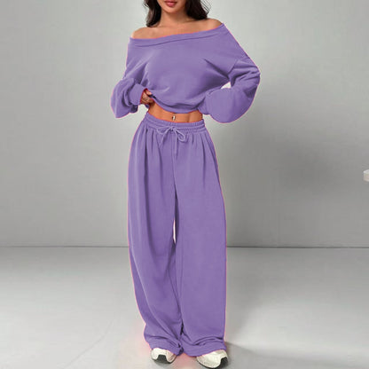 Women's Fashion Slim-fit Off-the-shoulder Navel Solid Color Casual Pants Suit