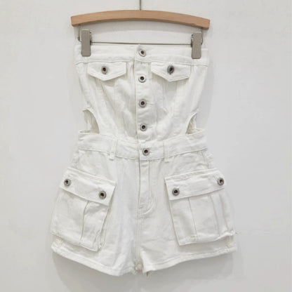 Hot Girl Breasted Hollow-out Midriff Tube Top Cowboy Siamese Shorts For Women