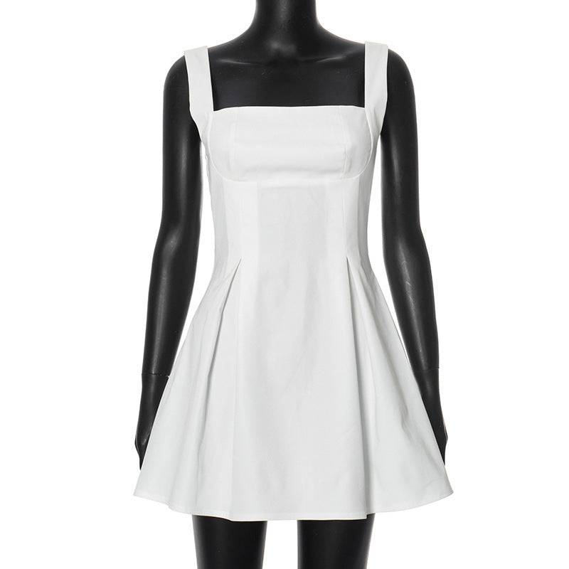 New Solid Color Sling Slim-fit Pleated Skirt High Waist Dress