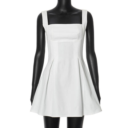 New Solid Color Sling Slim-fit Pleated Skirt High Waist Dress