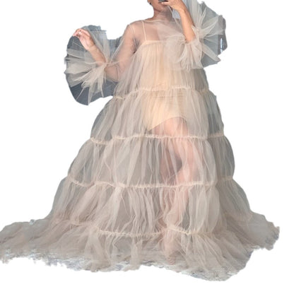 Spring And Summer New Women's Clothes Straps Tulle Long Sleeve Big Hem Dress