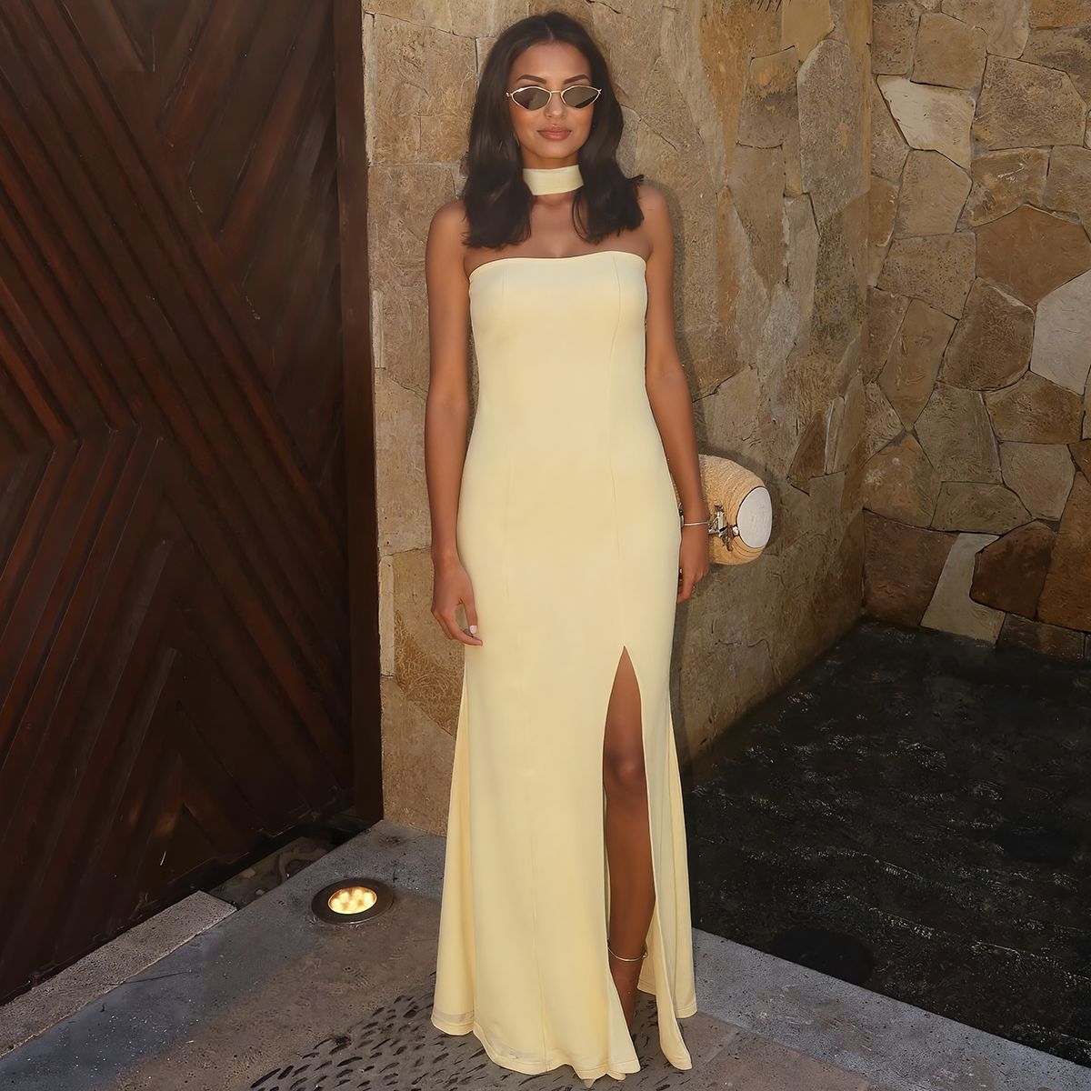 Fashion Tube Top Slit Slim-fitting Solid Color Temperament Dress