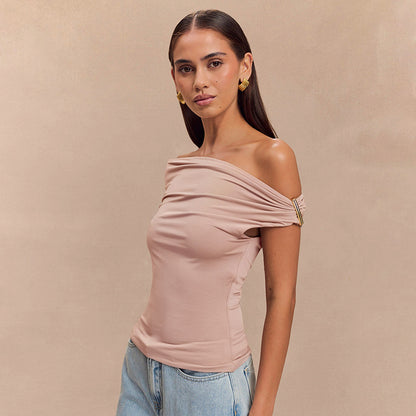 Women's Solid Color Pleated Off-shoulder Slim Off-shoulder Top