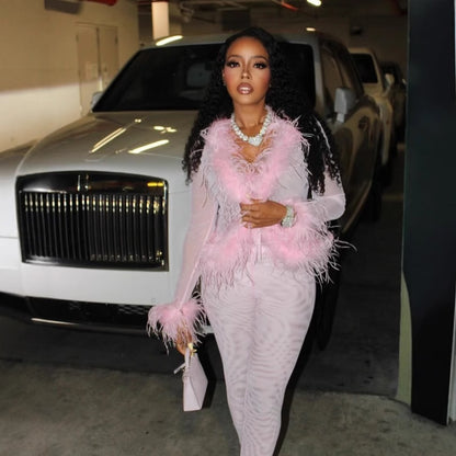 Fur Collar Trendy Lace Up Top Tight Stretch Trousers Suit