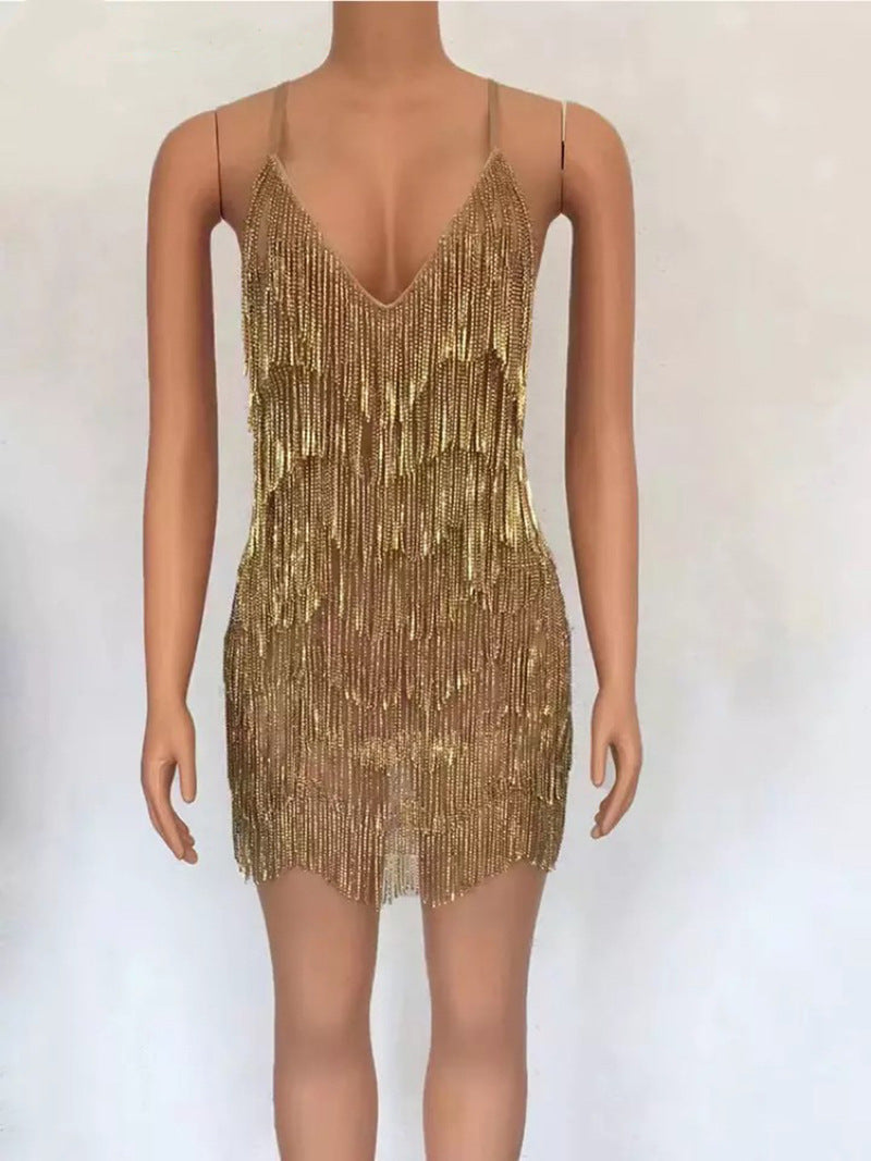 Sexy Deep V Rhinestone Tassel Bulk Evening Gown