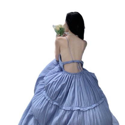 New Sexy Backless Stitching Ruffled Slim Fit Large Swing V-neck Dress