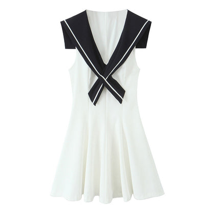 American Slim Fit Slimming Contrast Color White Stitching Dress