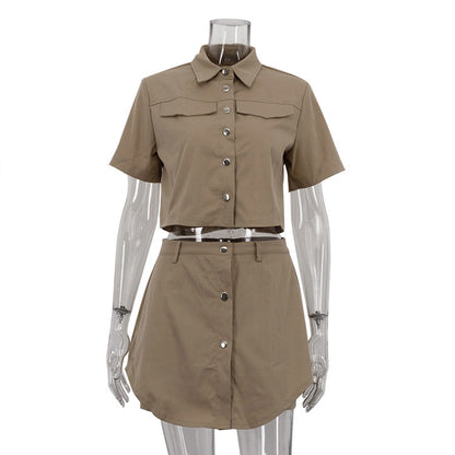 Retro Lapels Short-sleeved Top Double Layer High-waisted Trousers Skirt Two-piece Set