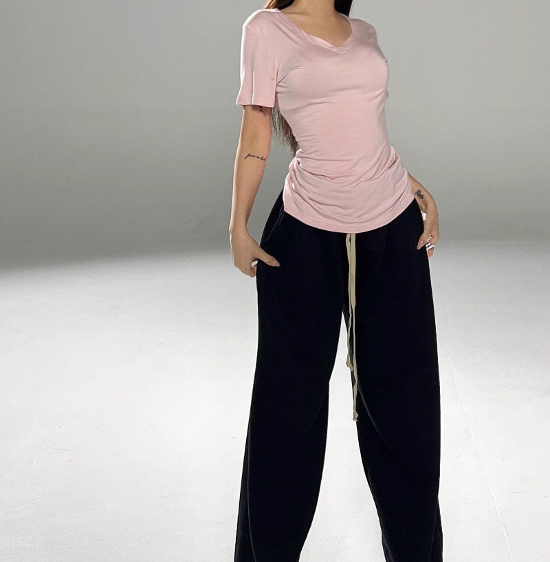 V-neck Shoulder Short Sleeve Waist-controlled Slimming Solid Color Top