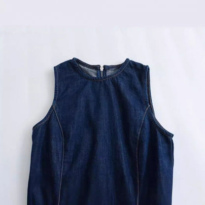 French Fashion Round Neck Slim Fit Denim Sleeveless Dress