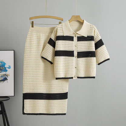 Knitted Short-sleeved Cardigan Midi Skirt Two-piece Set